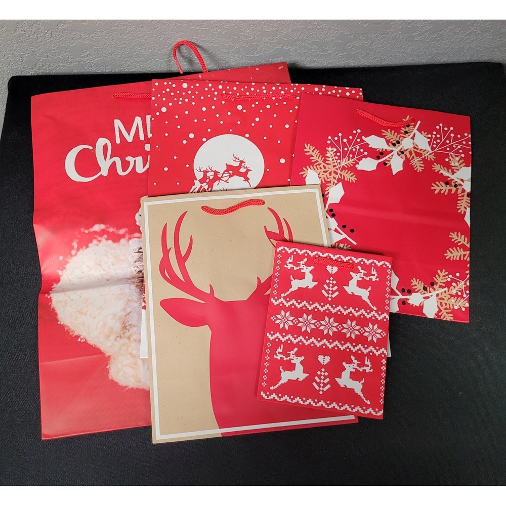 Lot of 5 Hallmark Christmas Gift Bags Red Reindeer Snowflake Holiday Unused